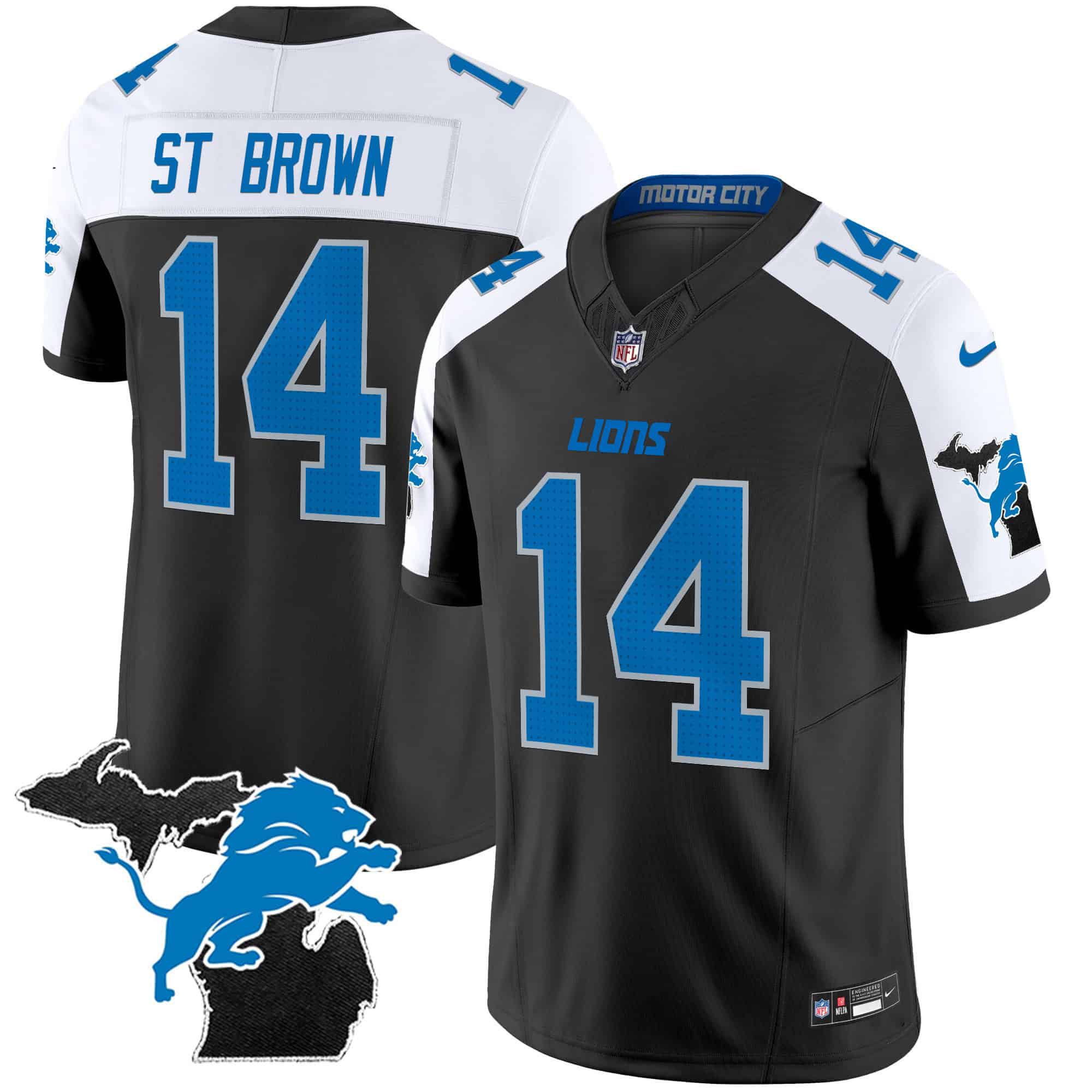 Men Detroit Lions #14 ST Brown Black 2024 Nike Michigan Patch Vapor Limited NFL Jersey